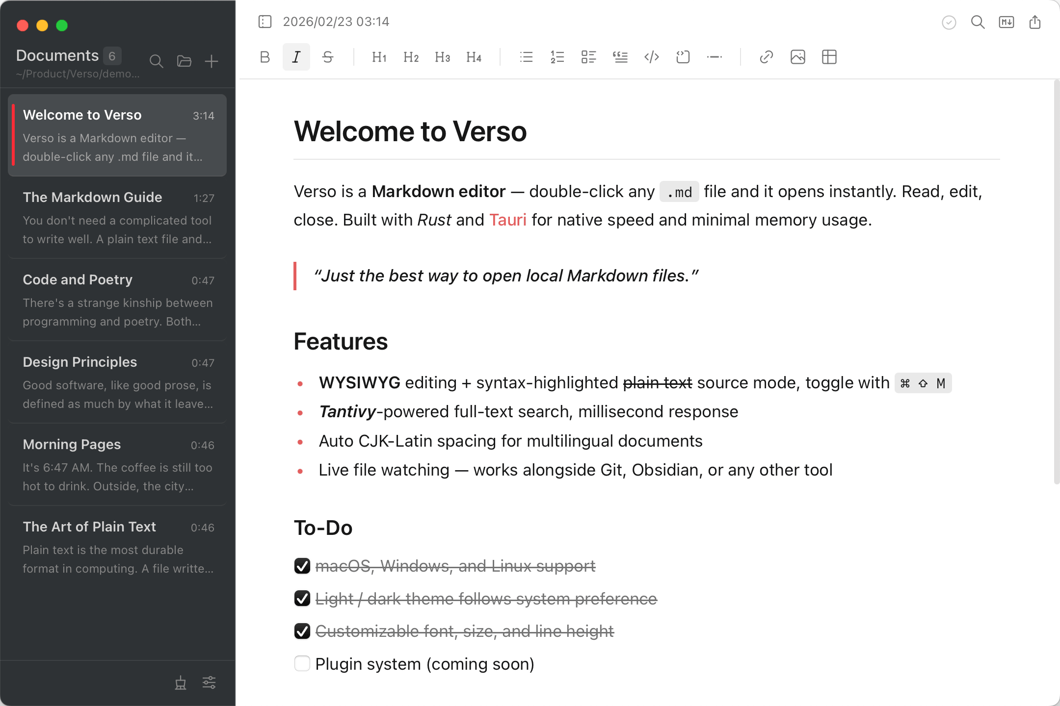 Verso — minimalist markdown editor